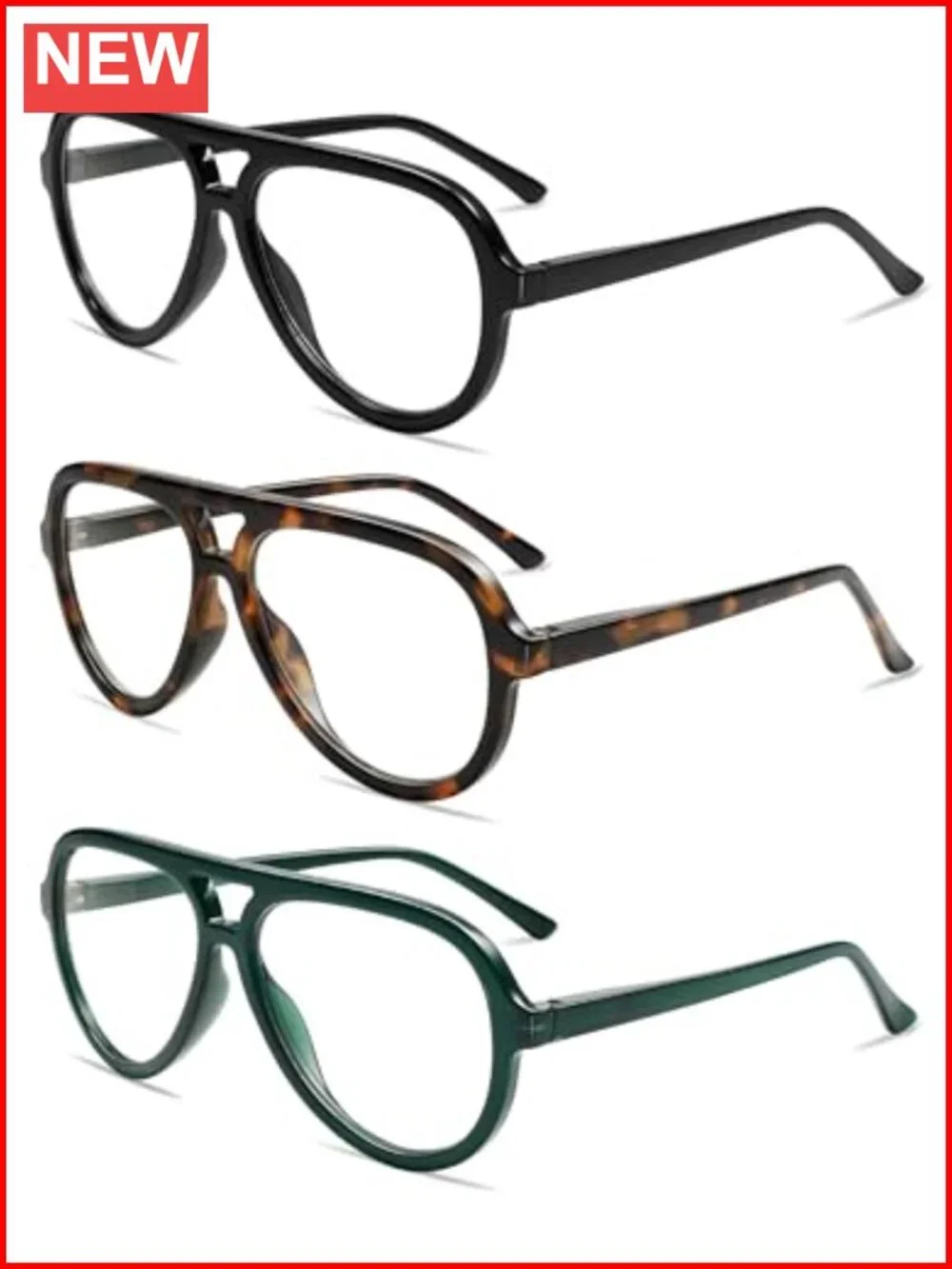 3 Pack Oversized Aviator Reading Glasses, Blue Light Blocking with Spring Hinges